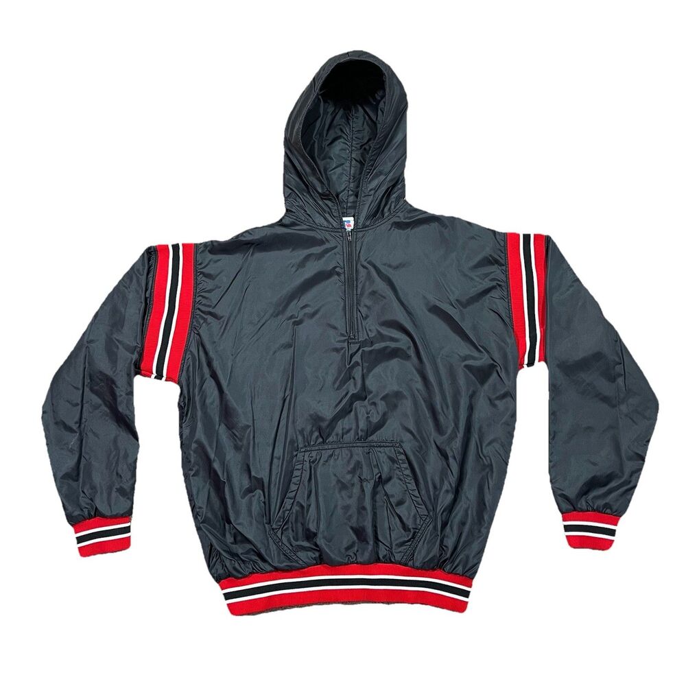 Vintage Russell Athletic XL Hooded Windbreaker Jacket Black Red USA Made